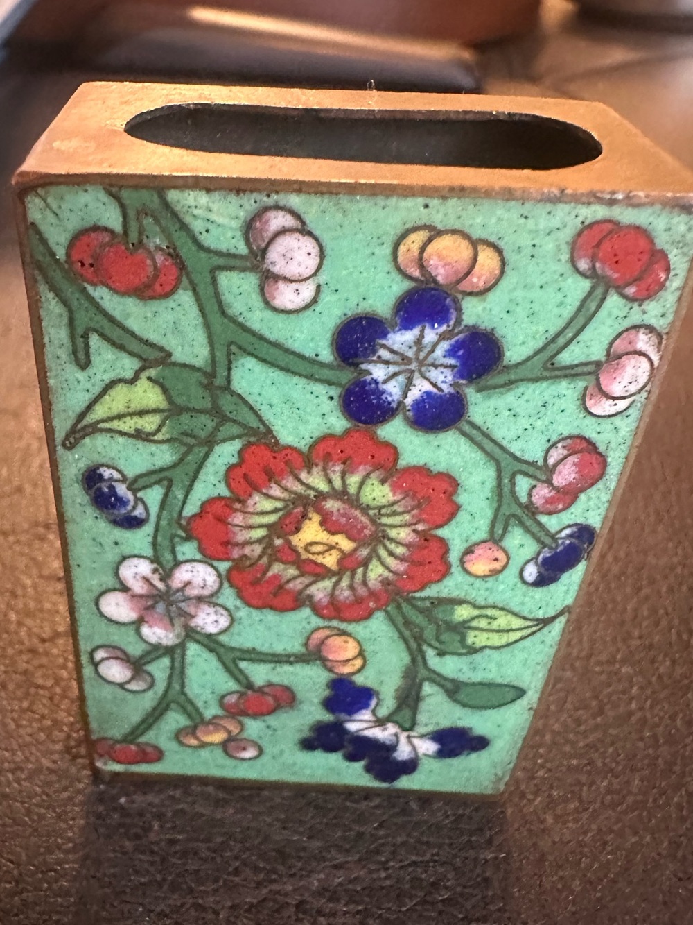 Antique Cloisonné Floral Box Vintage Matchbook Holder 1950 Mint Green Flowers